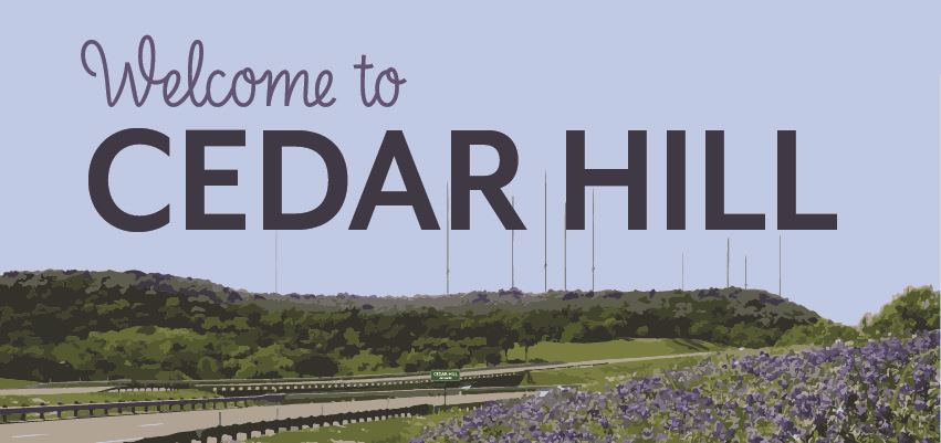 Bluebonnets set against hills and cedar trees